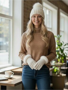 New INC from Macys Women’s Hat & Gloves Set Gift Set Winter Accessories Faux Fur